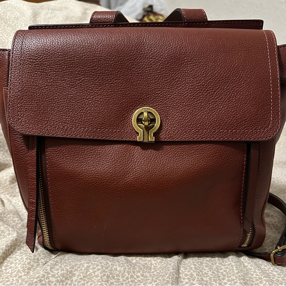 Fossil Textured Gray Bag with Brown Leather Accent